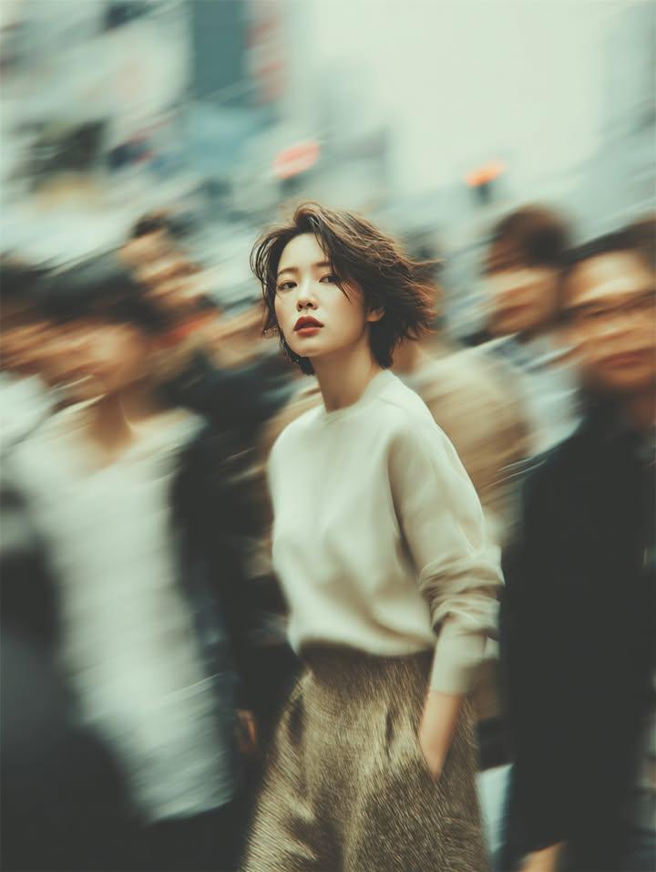 电影街景肖像：运动模糊中女子静止的艺术瞬间