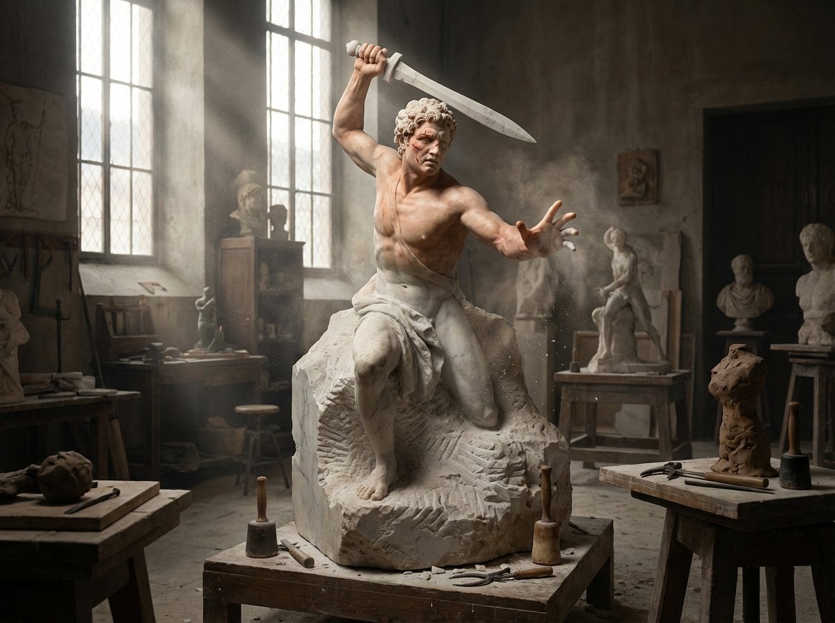 A half-finished marble sculpture in a dusty Renaissance w... 变体图第2张 - 绘词工坊