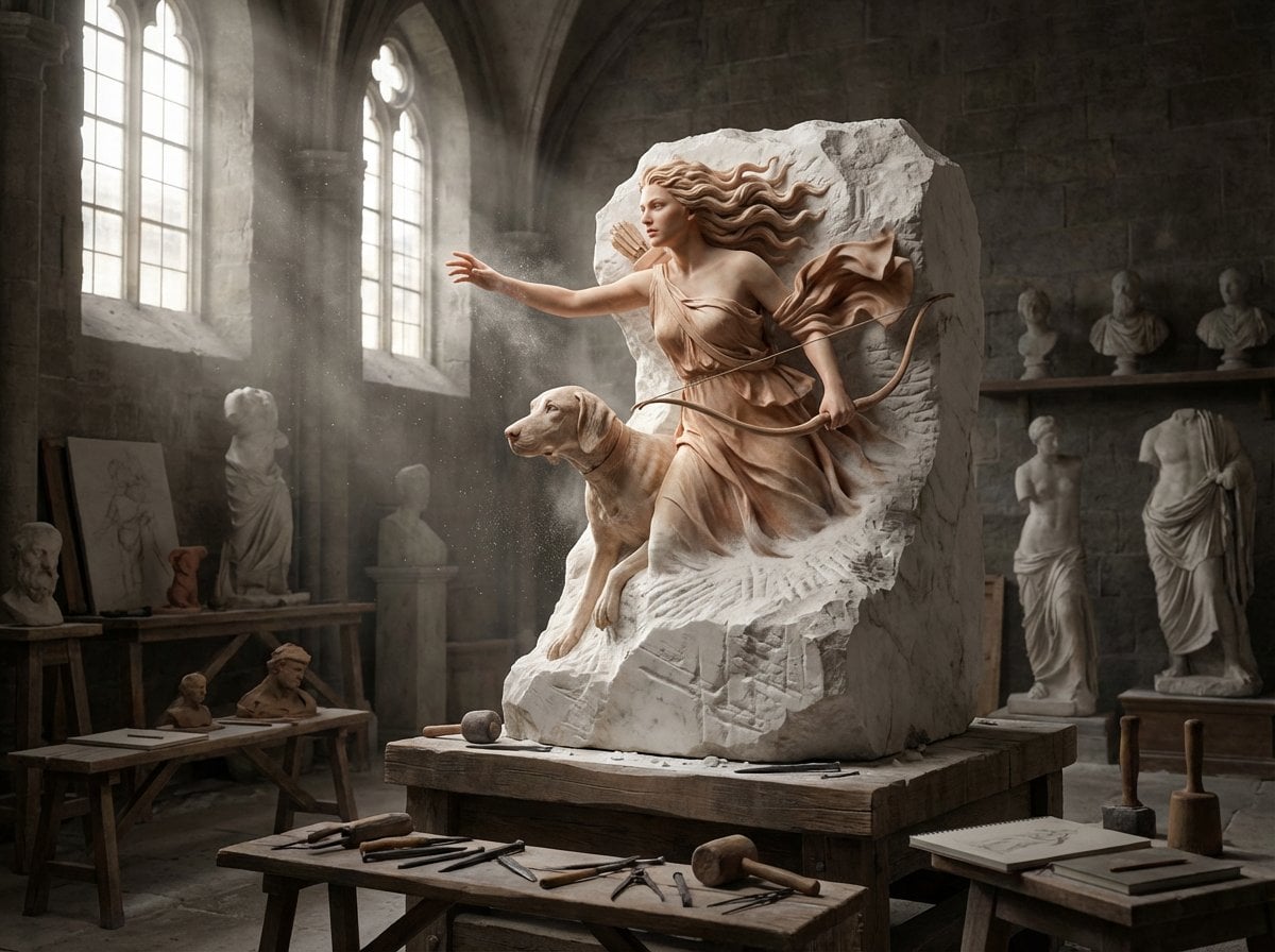 A half-finished marble sculpture in a dusty Renaissance w... 变体图第4张 - 绘词工坊