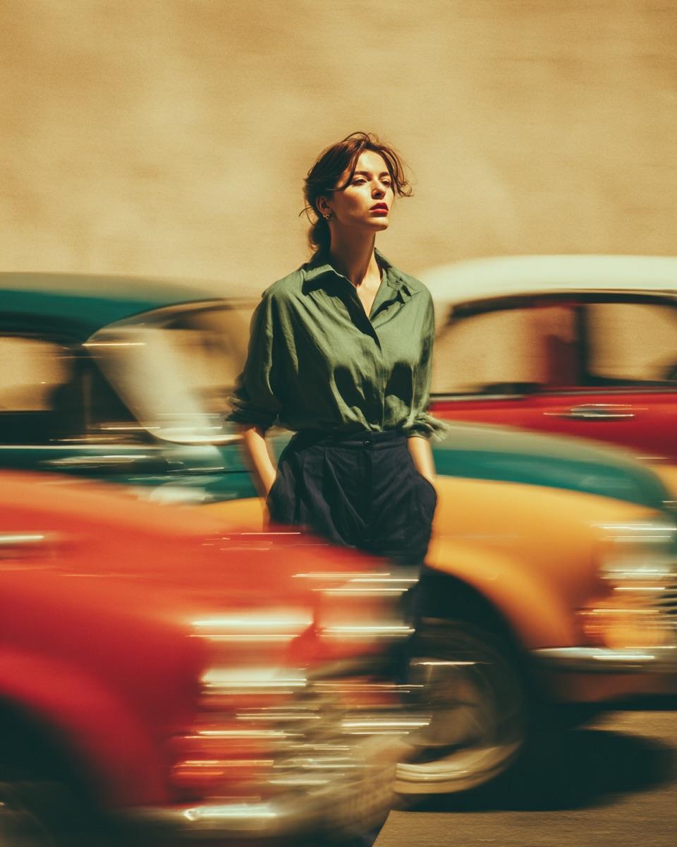 时尚女人复古街景：黄金时刻下的冷静自信与动态美感