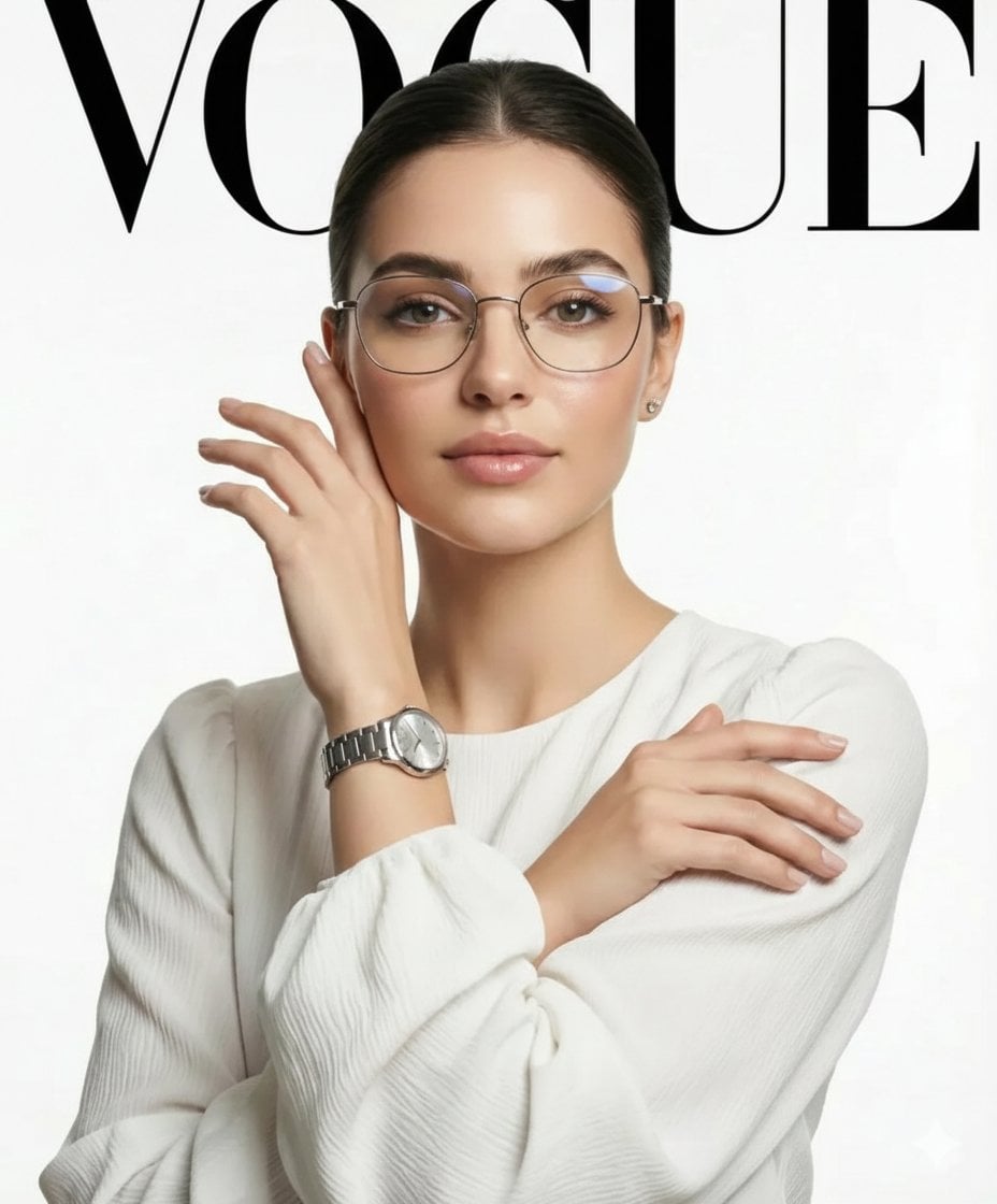 VOGUE风格时尚社论：精致女性银框眼镜与奢华手表摄影