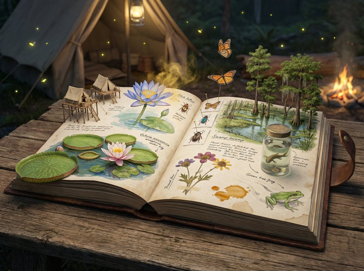 Epic 3D scene: a weathered field journal lies open on a n... 变体图第2张 - 绘词工坊