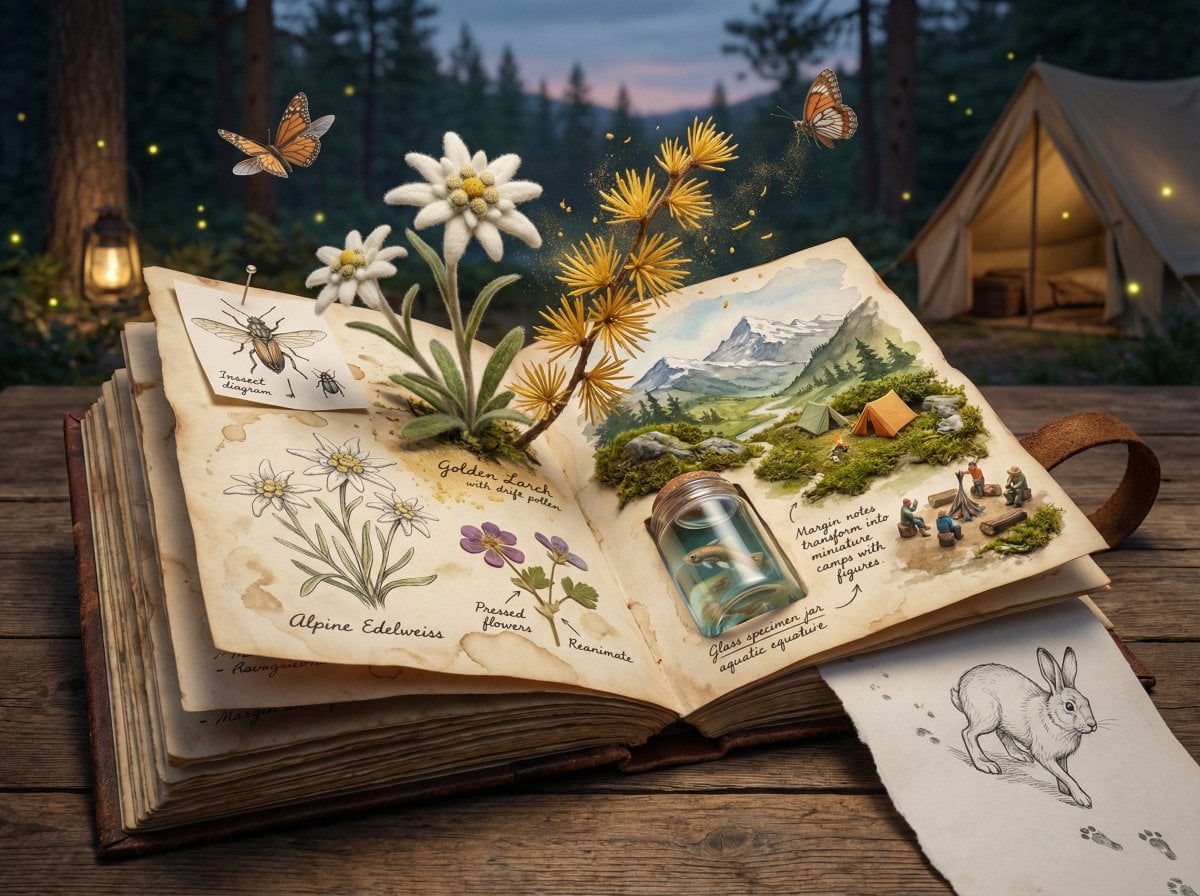 Epic 3D scene: a weathered field journal lies open on a n... 变体图第3张 - 绘词工坊