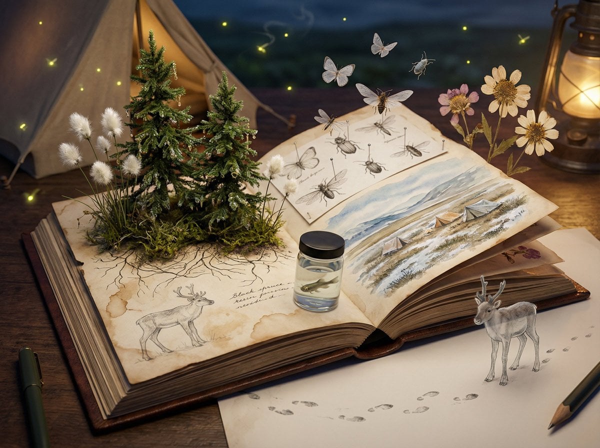 Epic 3D scene: a weathered field journal lies open on a n... 变体图第4张 - 绘词工坊