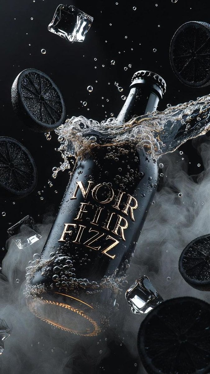 8K超电影级产品摄影：哑光黑色NOIR FIZZ苏打水瓶悬浮广告大片