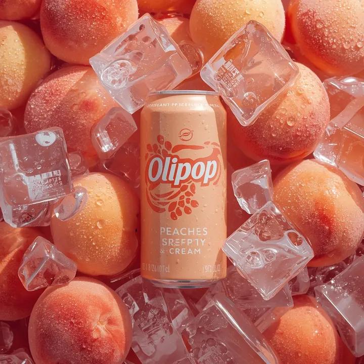 超逼真粉色苏打水罐商业摄影 OLIPOP 桃子奶油味产品图