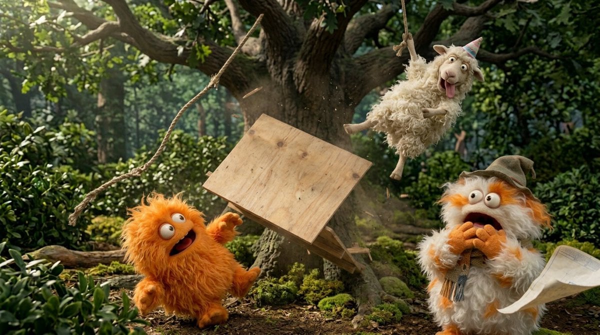 Create a funny 4-part story featuring 3 fluffy creatures ... 变体图第2张 - 绘词工坊