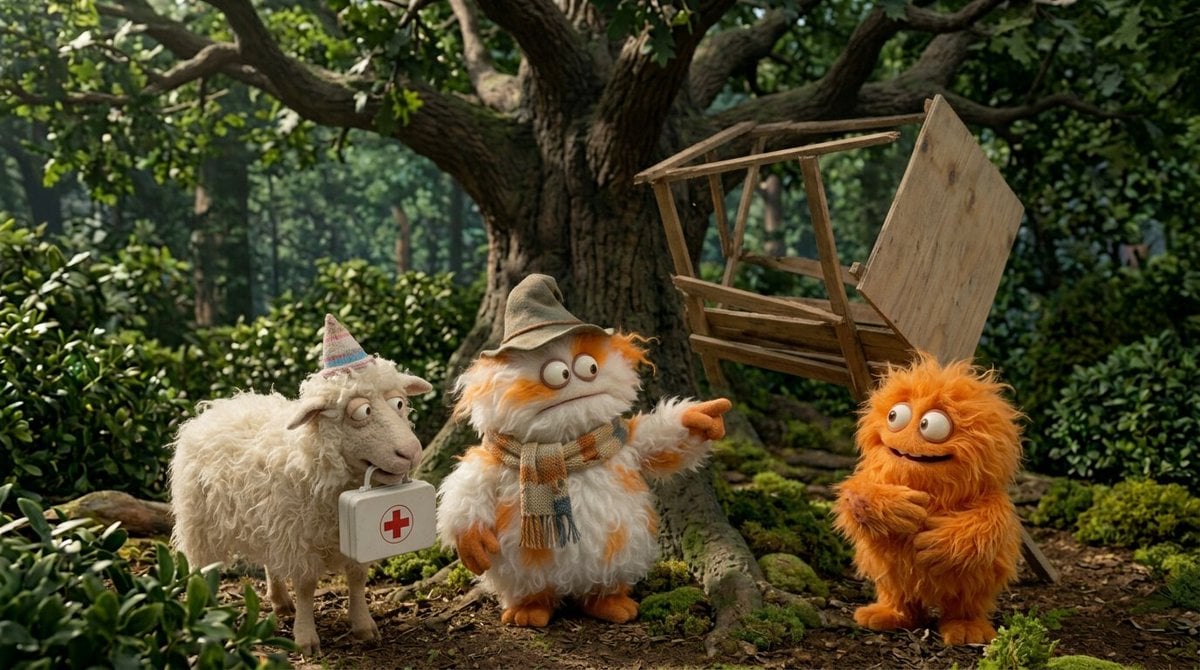 Create a funny 4-part story featuring 3 fluffy creatures ... 变体图第3张 - 绘词工坊