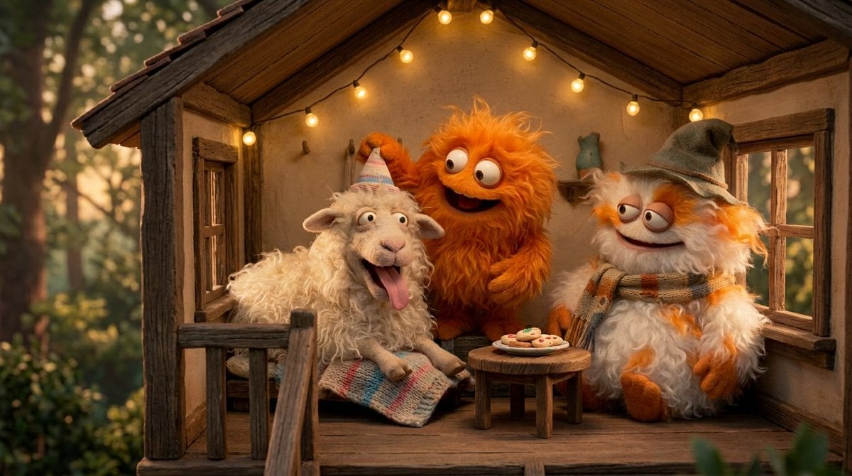 Create a funny 4-part story featuring 3 fluffy creatures ... 变体图第4张 - 绘词工坊