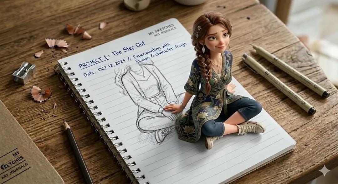 3D幻象艺术：可爱女孩从笔记本页面走出的创意插画