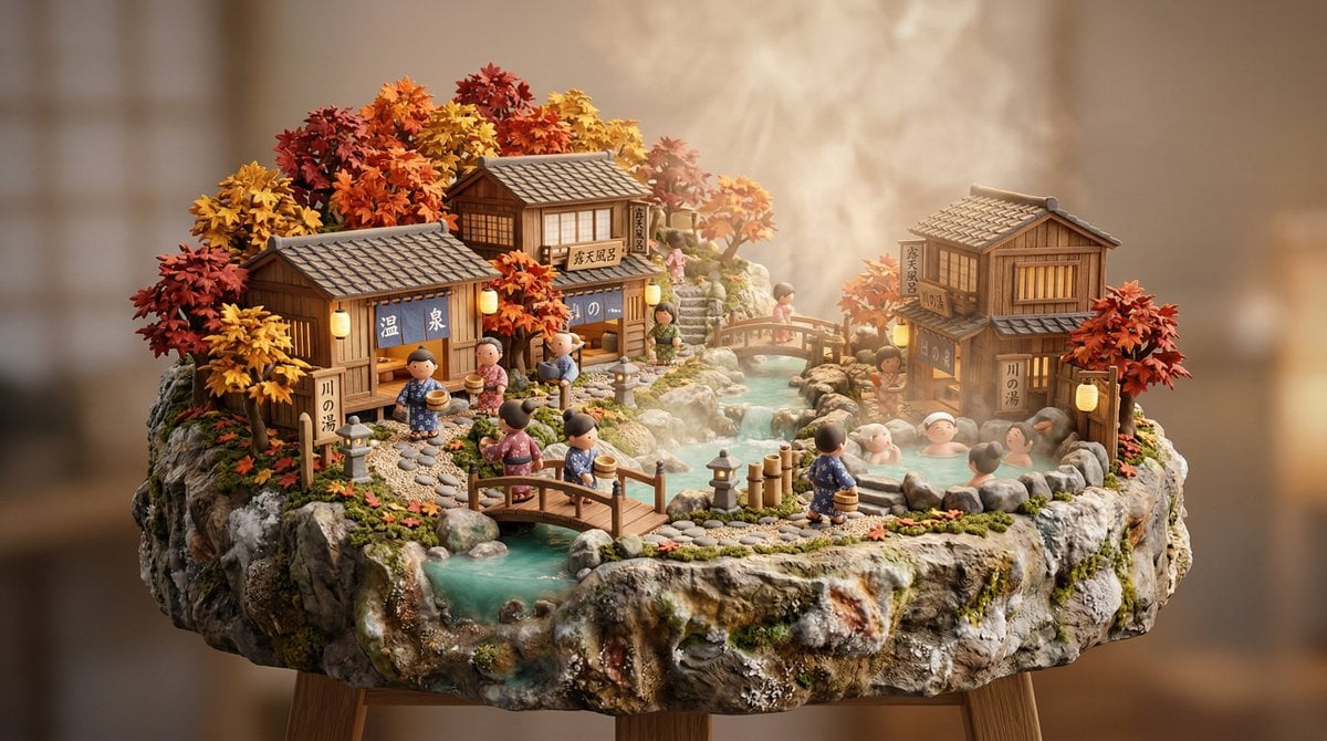3D微型日本温泉村粘土模型，木制浴室与秋色枫树立体场景