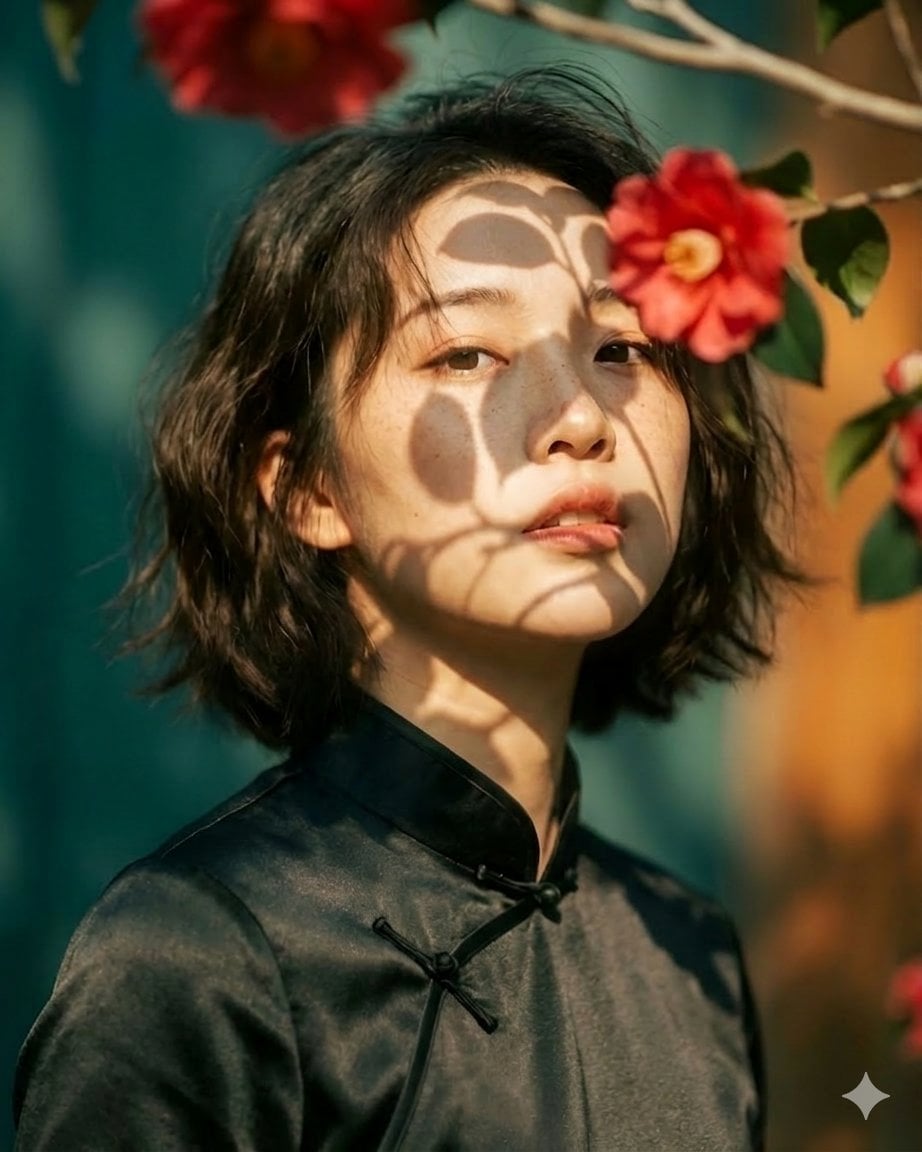 典雅亚洲妇女旗袍艺术画：梦幻花园中的超逼真肖像