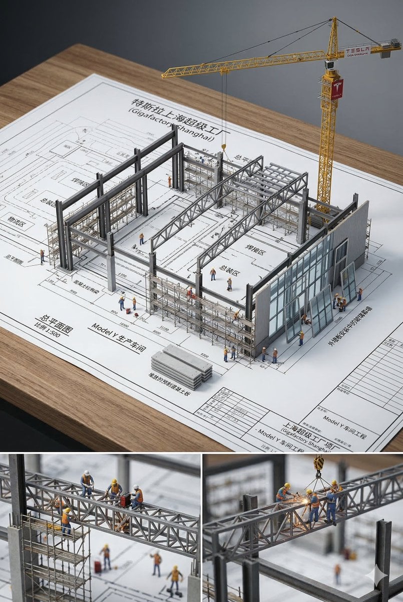 建筑蓝图变立体3D模型：钢梁脚手架微型在建版