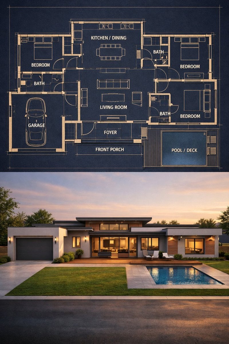 Create a split architectural visualization where the top is a detailed dark-them... 变体图第2张 - 绘词工坊