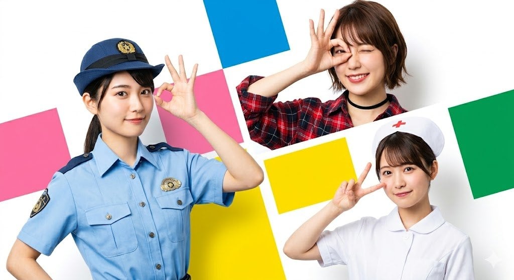 高分辨率日本商业广告风格照 三名年轻女性几何色块背景