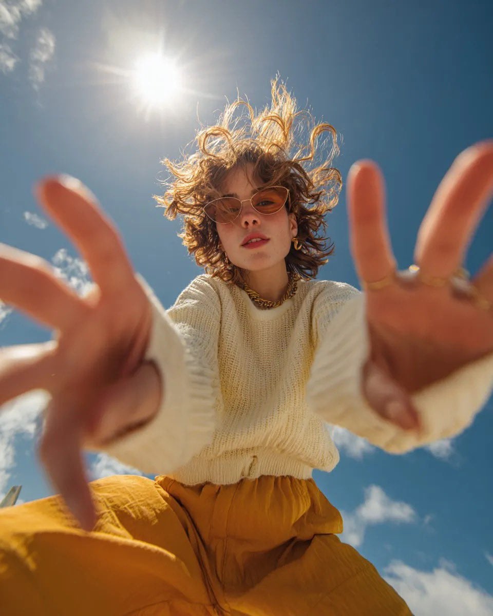Ultra wide-angle low-angle portrait shot from ground pers... 变体图第2张 - 绘词工坊