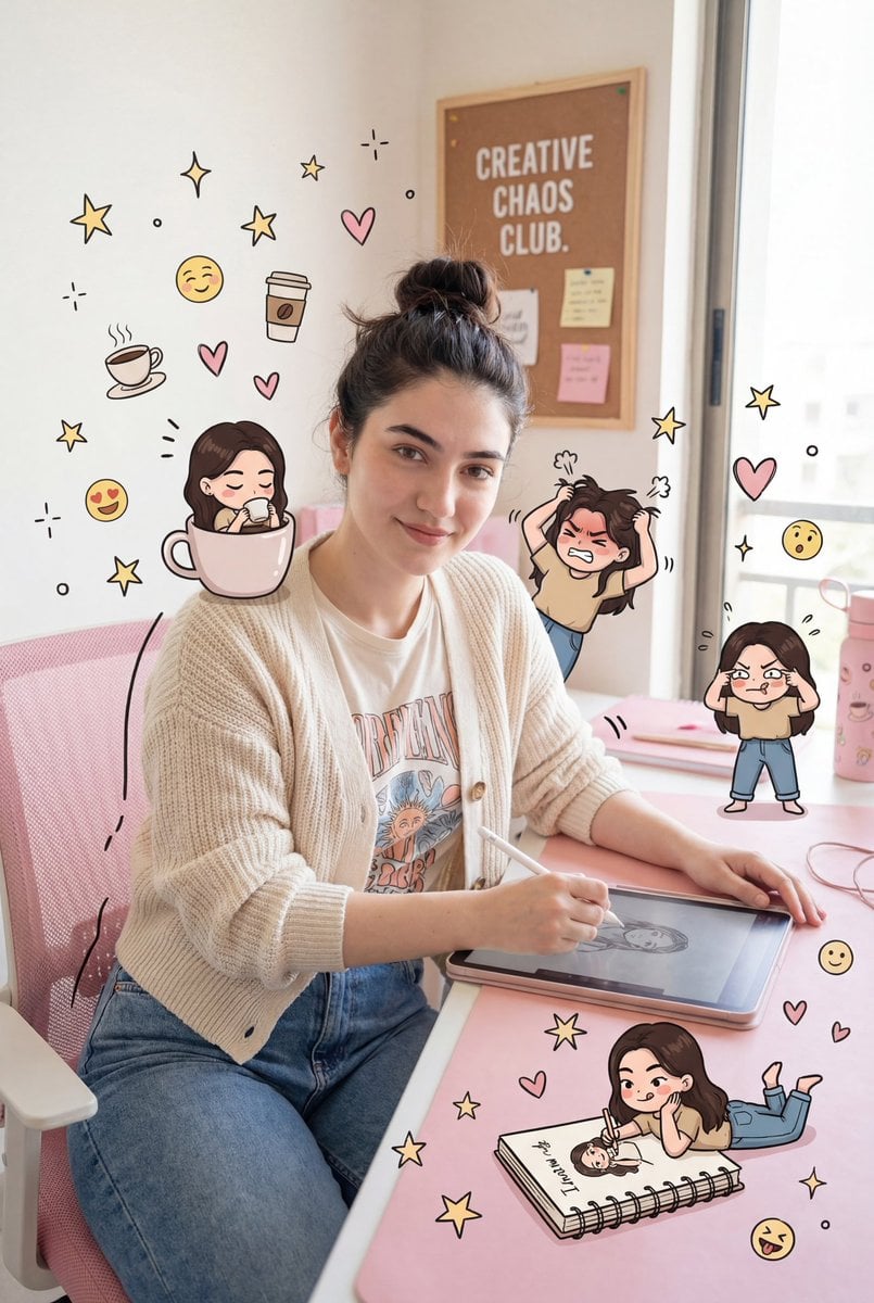 粉红办公室创意插画：AI生成逼真女性角色与迷你分身