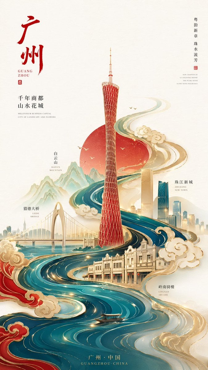 新中式极简广州城市海报：国潮插画与东方意境的高级视觉