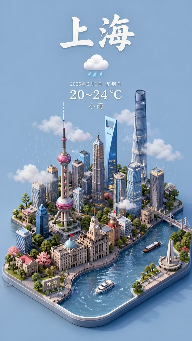 上海天气3D卡通场景：垂直视角展示城市地标与实时天气