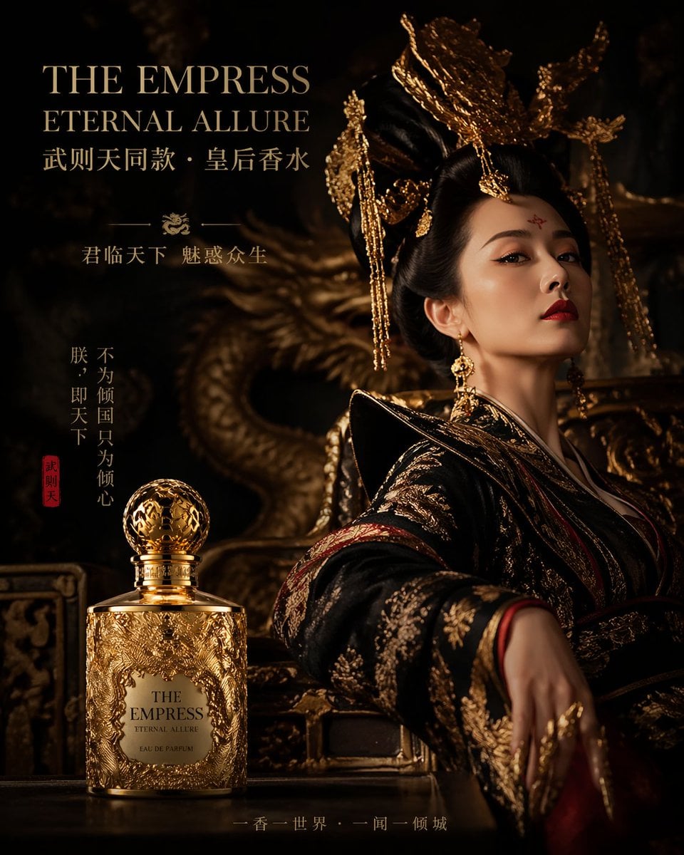 武则天同款皇后香水广告 龙纹金瓶暗黑宫廷氛围大片