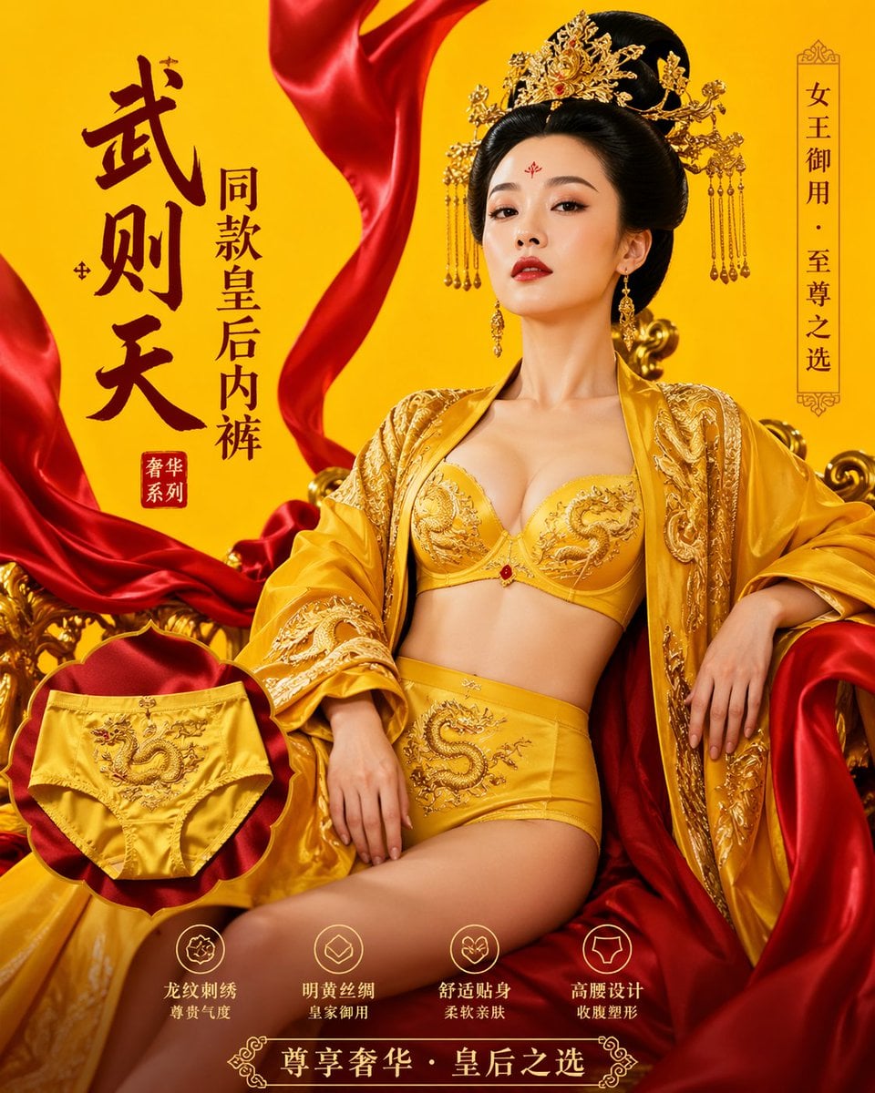 武则天同款皇后内衣广告大片，明黄龙纹刺绣配大红丝绸飘带