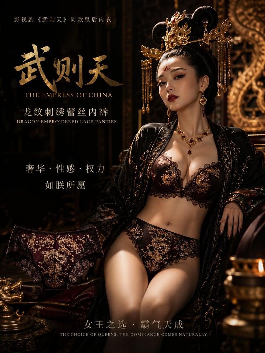 武则天同款皇后内衣广告大片，明黄底色龙纹刺绣，大红丝绸飘带衬托 变体图第2张 - 绘词工坊