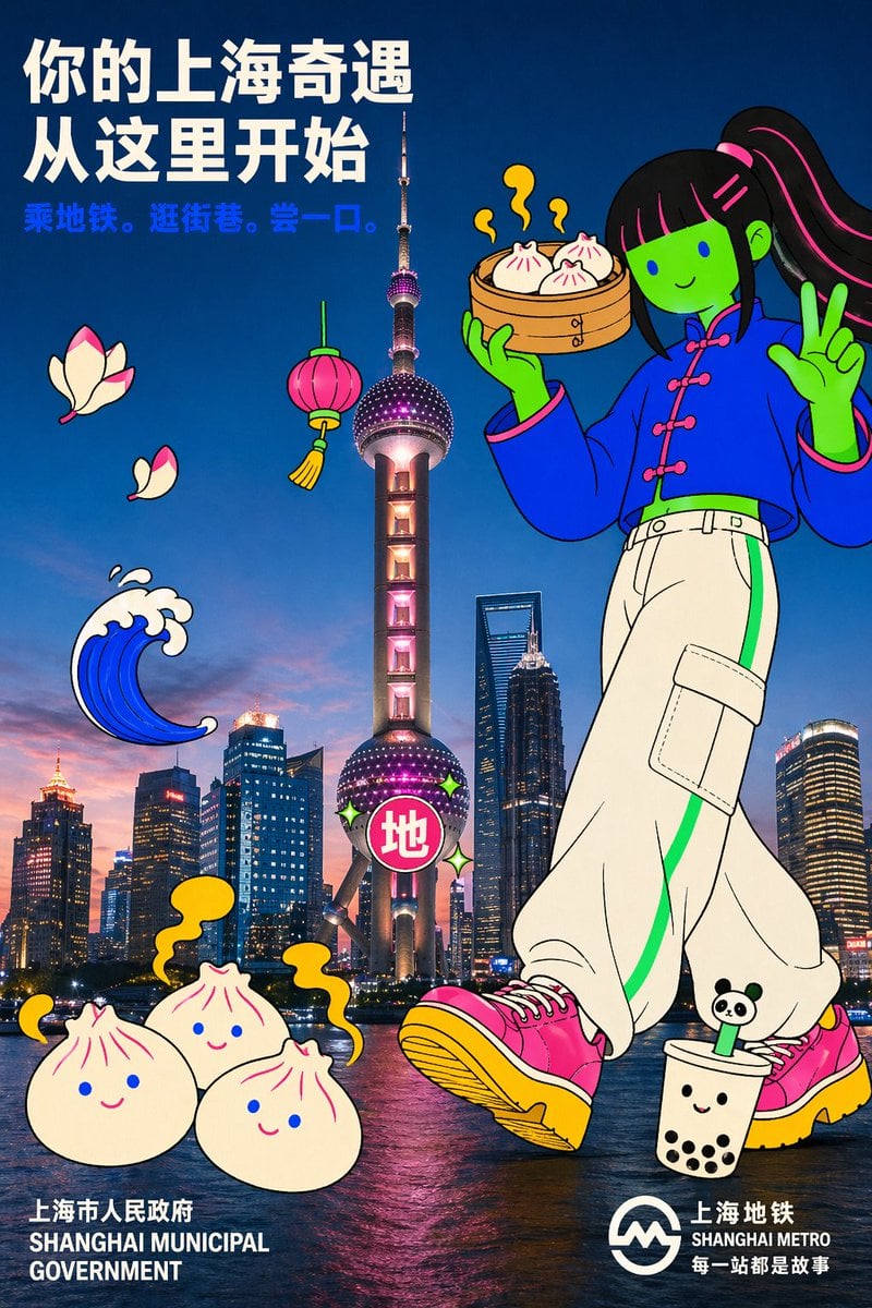上海奇遇从这里开始：东方明珠塔与小笼包英雄的卡通海报