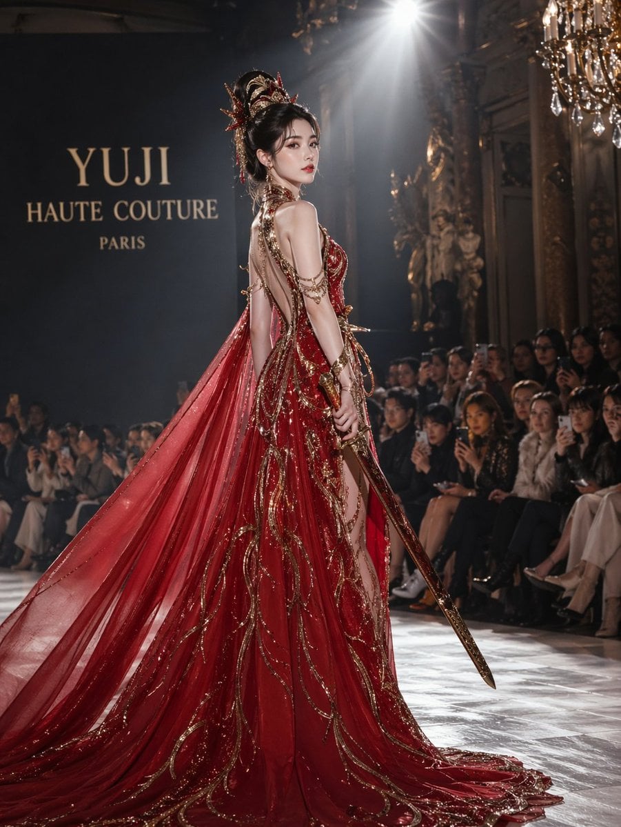 虞姬试穿高定礼服：红色拖尾长裙佩剑亮相巴黎秀场聚光灯下