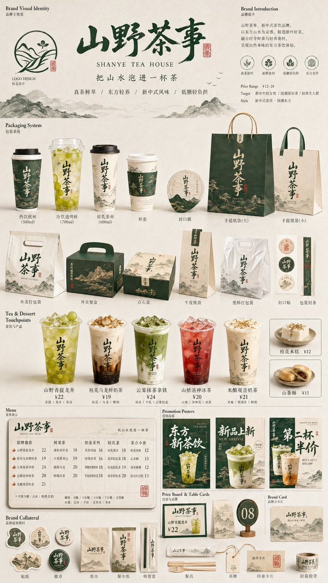 餐饮品牌触点矩阵视觉图，打造完整包装系统与品牌提案方案