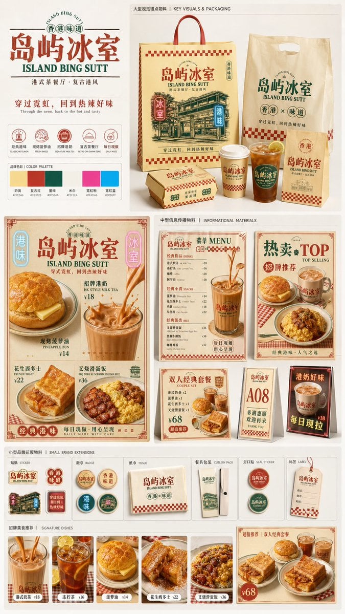 生成一张[餐饮品牌触点矩阵]系列视觉图，用于展示一个完整的餐饮品牌视觉系统与包装应用方案。 变体图第2张 - 绘词工坊