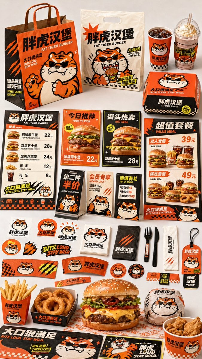 生成一张[餐饮品牌触点矩阵]系列视觉图，用于展示一个完整的餐饮品牌视觉系统与包装应用方案。 变体图第4张 - 绘词工坊