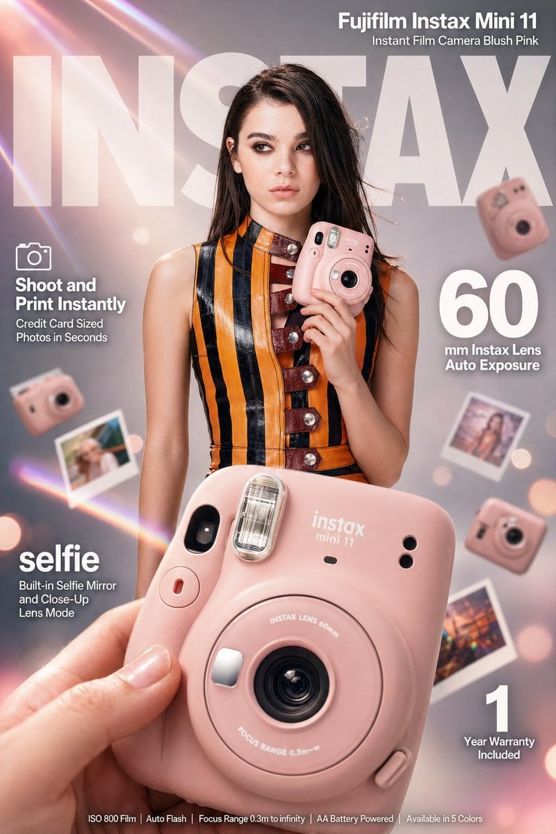 富士Instax Mini 11腮红粉即时相机电商广告信息图表