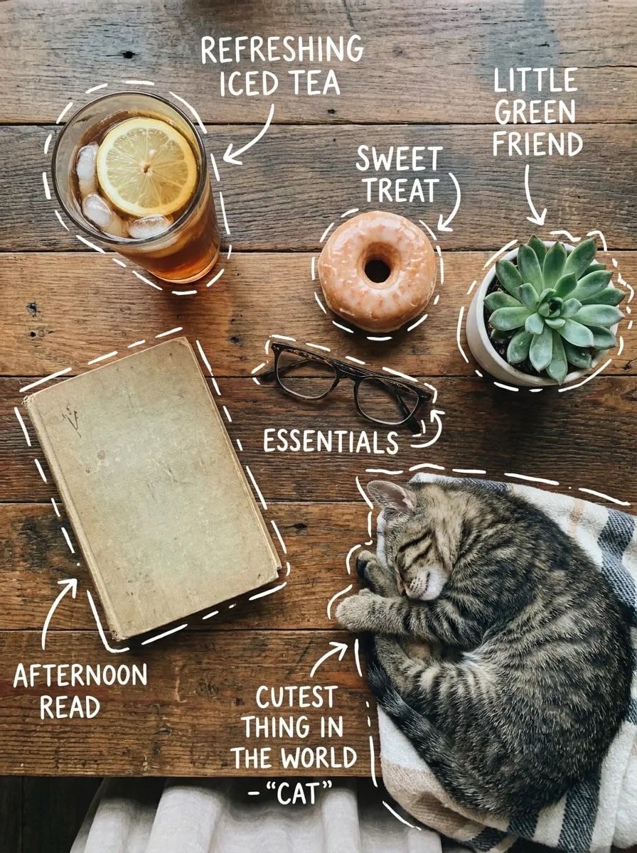 手绘涂鸦静物摄影：冰茶甜甜圈与虎斑猫的温馨午后