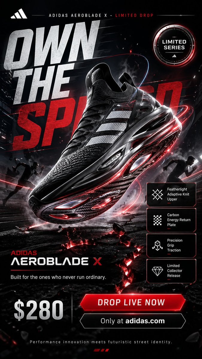 阿迪达斯AEROBLADE X限量版海报设计：未来主义速度与奢华