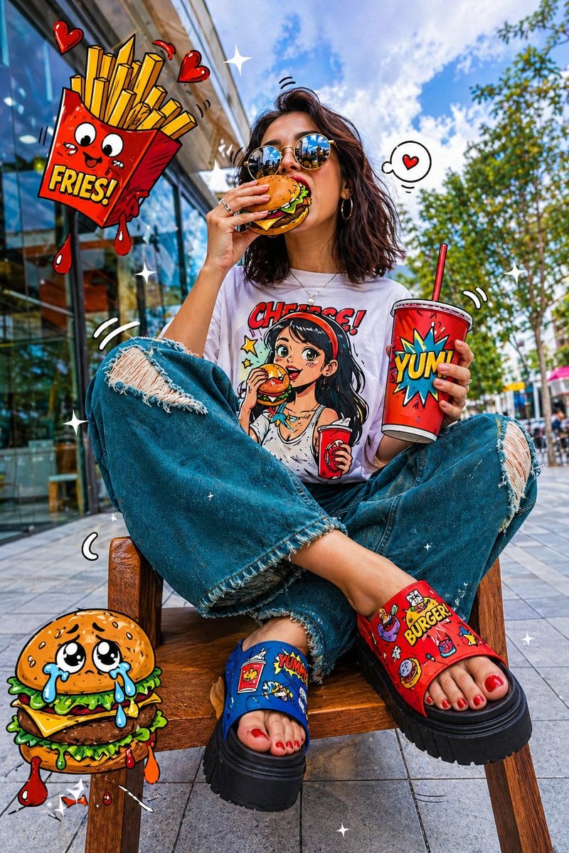 波普艺术街头风：卡通汉堡与时尚美女的创意摄影