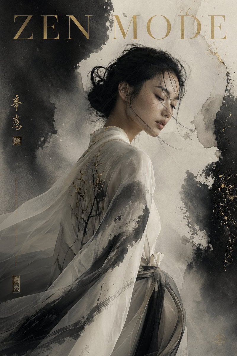 Luxury editorial cover, title "ZEN MODE", featuring a con... 变体图第2张 - 绘词工坊
