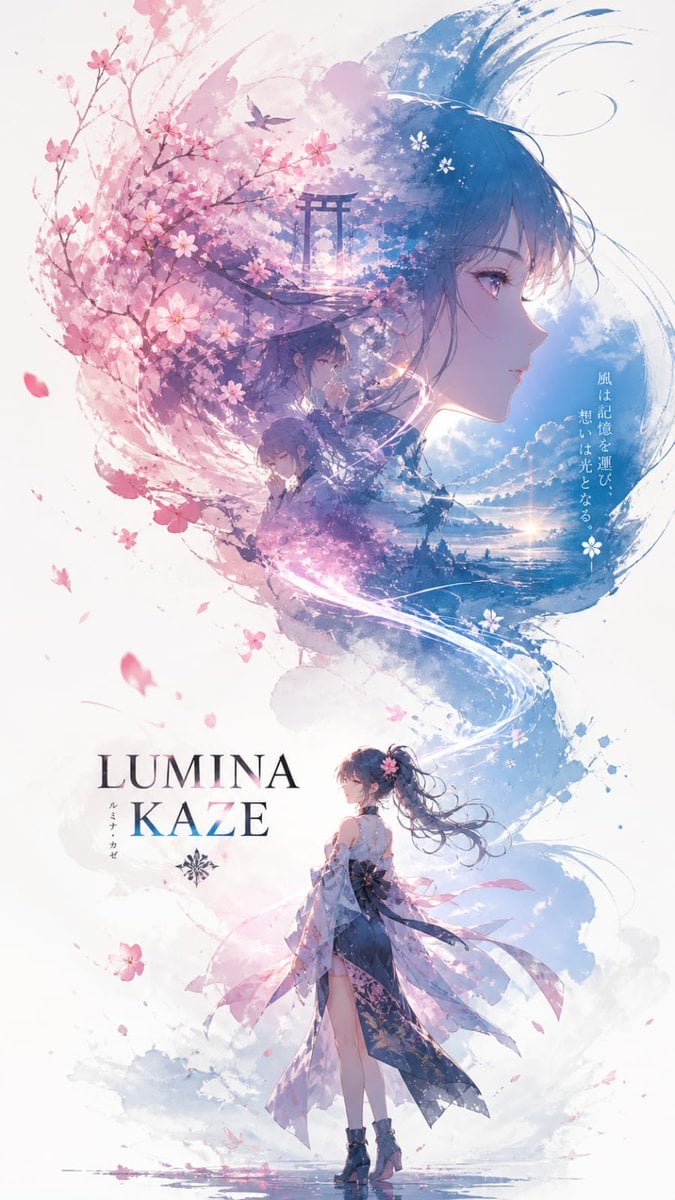 动漫角色宣传海报：双重曝光和服少女与樱花梦幻构图