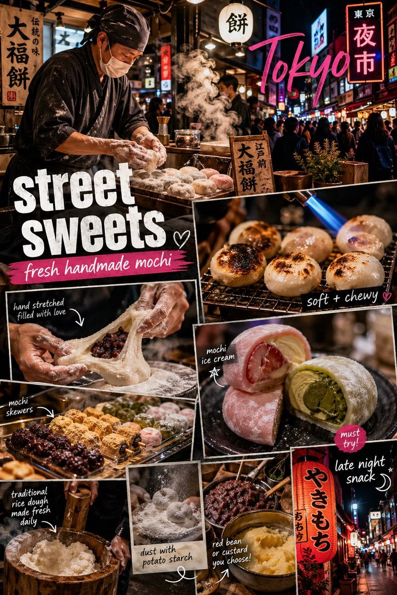 东京街头麻薯甜点：深夜小吃与夜市美食场景