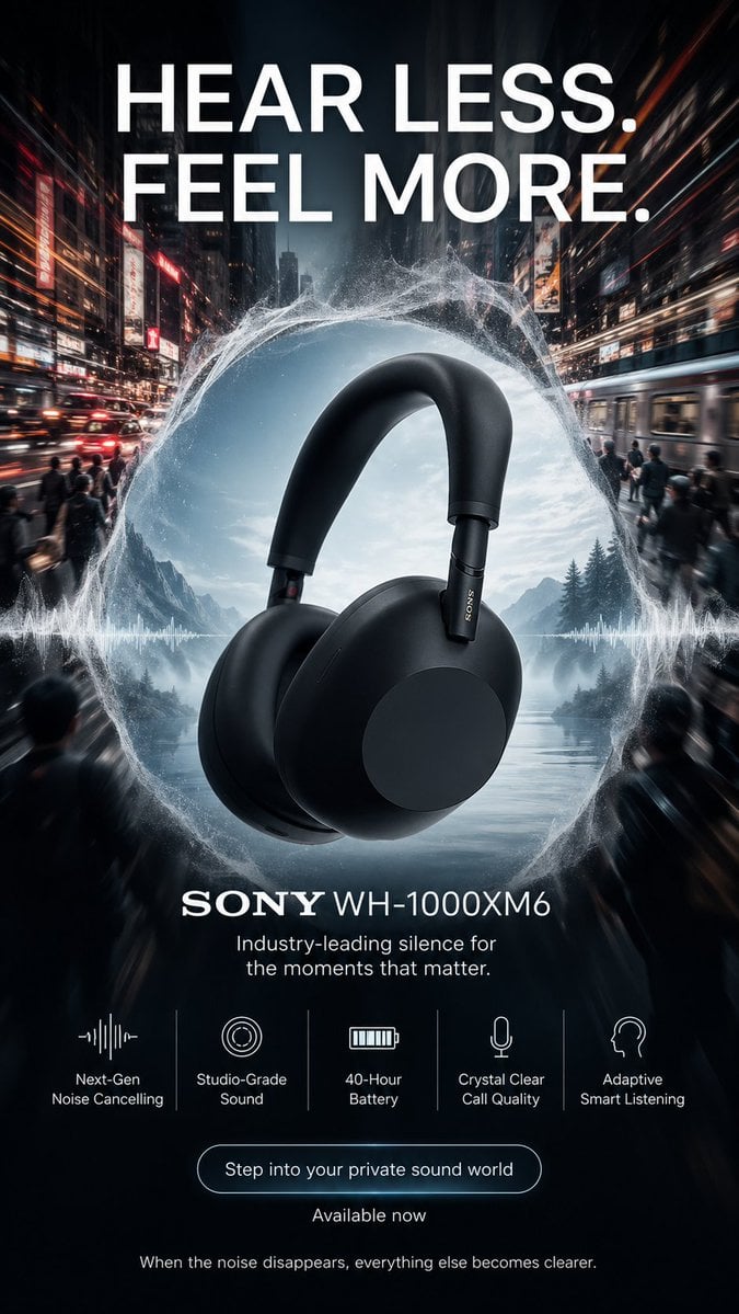 索尼WH-1000XM6高端广告海报设计：混沌世界中的沉默