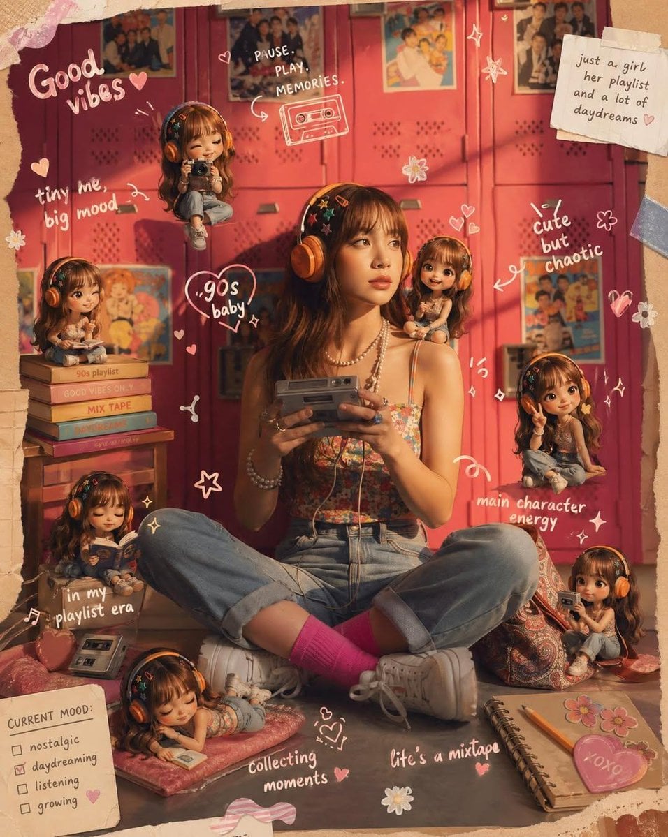 剪贴簿美学照片增强：迷你版角色与手写涂鸦的梦幻组合