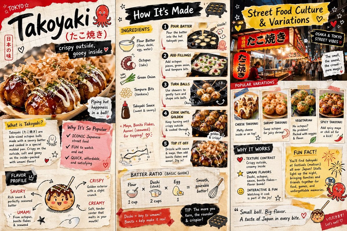 章鱼烧信息图设计：日本街头美食Takoyaki活力拼贴画
