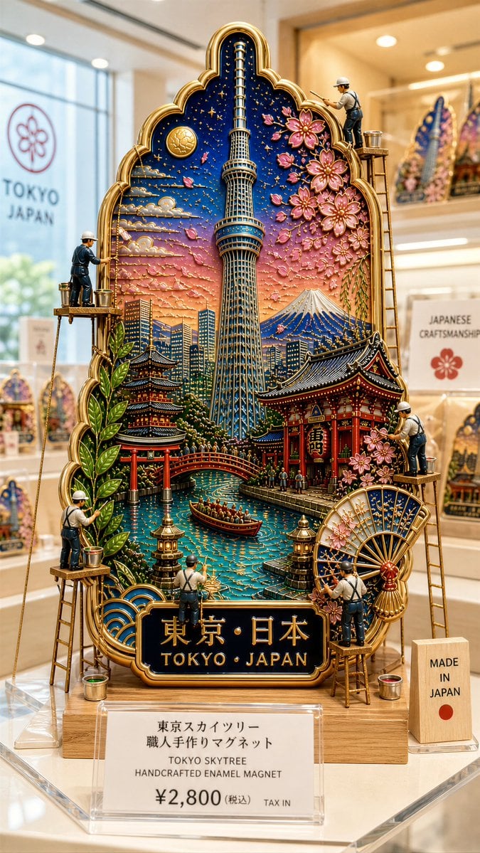 超优质景泰蓝釉收藏冰箱磁铁展示在高端商店橱窗内