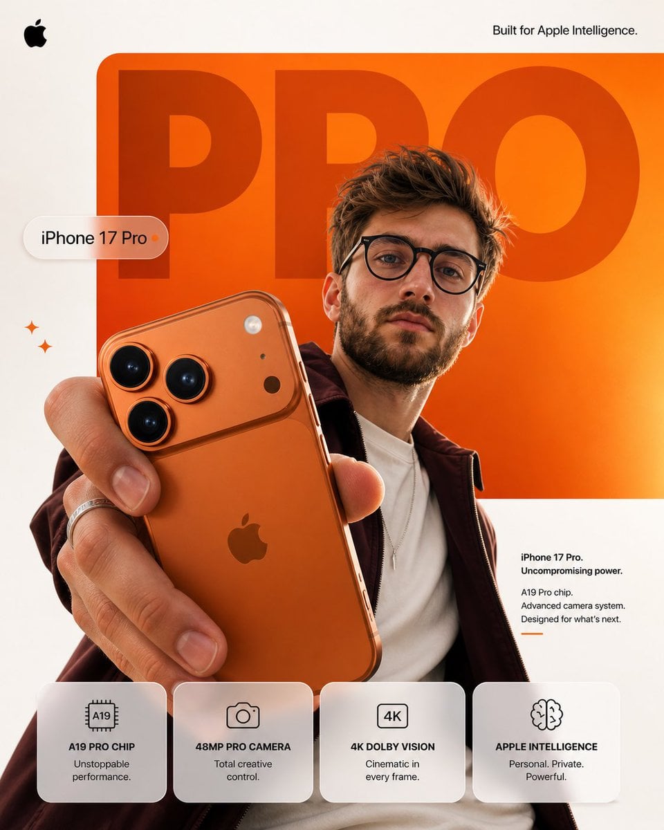 苹果风格智能手机海报设计：iPhone 17 Pro广告拍摄技巧