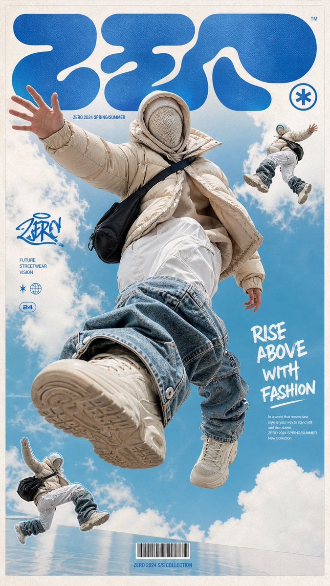 未来感街头服装海报：超低机位仰拍漂浮模特，Y2K潮流封面设计