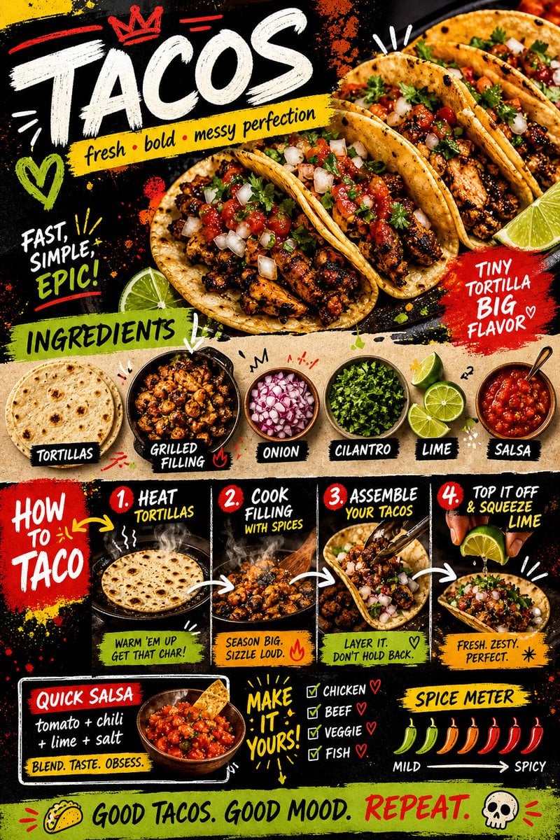 Tacos食谱卡设计：高能墨西哥街头美食，社交媒体病毒传播必备