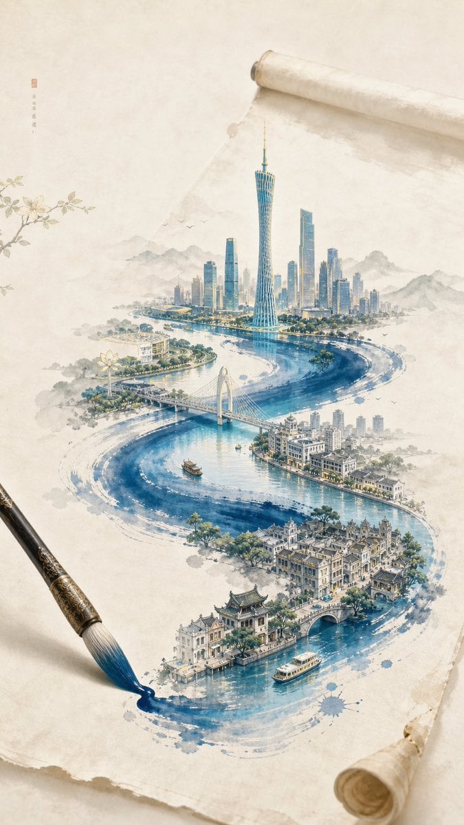 新中式极简东方美学海报：由一笔写出广州的山水城境