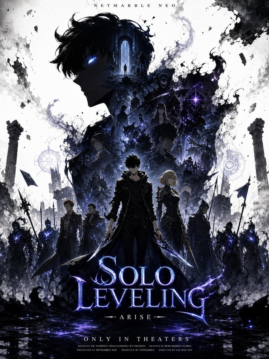 SOLO Level主角宣传海报：垂直肖像与发光眼睛标志性轮廓