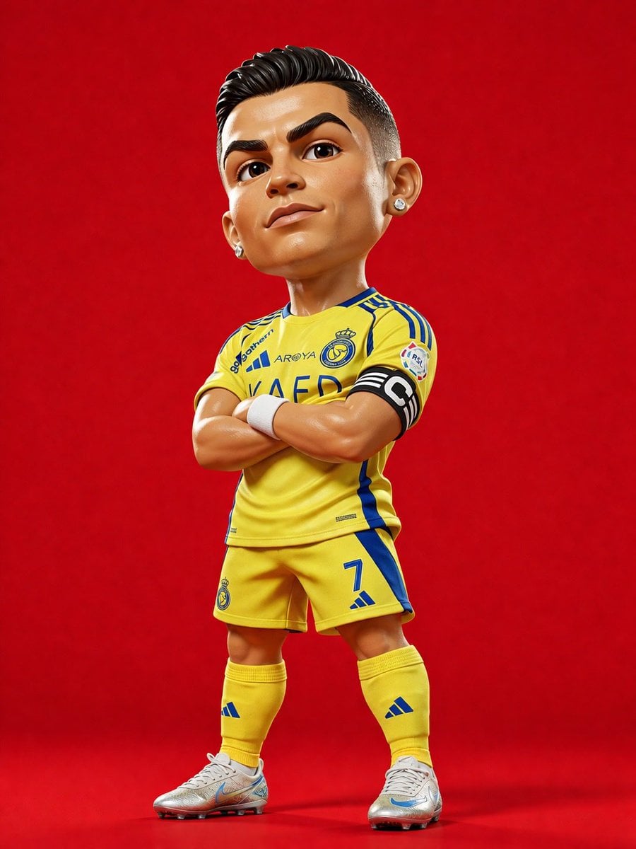 C罗3D渲染漫画雕像：Al Nassr足球服Chibi风格收藏手办