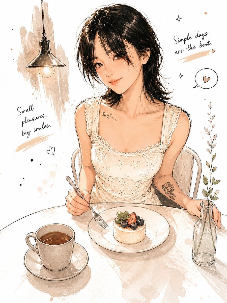 极简水彩咖啡厅少女插画：手绘风格温暖治愈系艺术作品