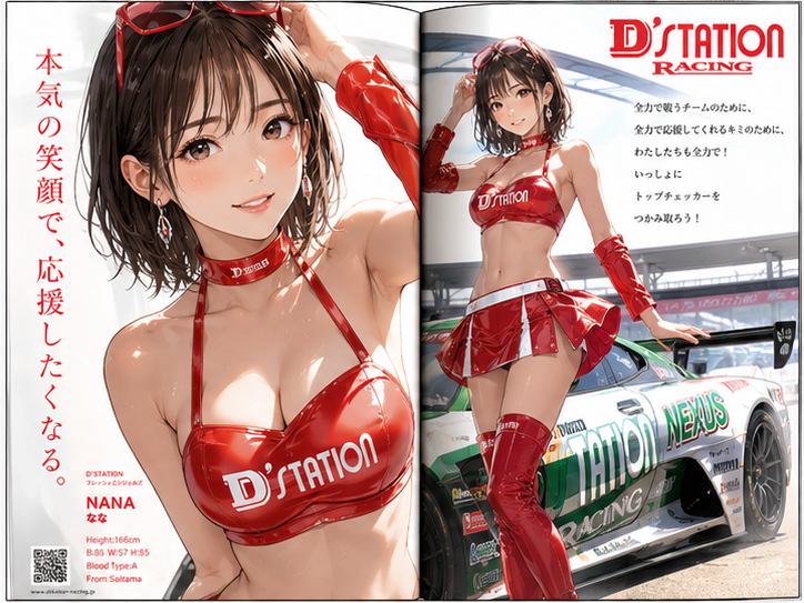 レースクィーン雑誌の見開きページを作成。 接写あり。 日本人モデル。 スタイルを変えて4枚作成。 アニメイラスト調。 变体图第2张 - 绘词工坊